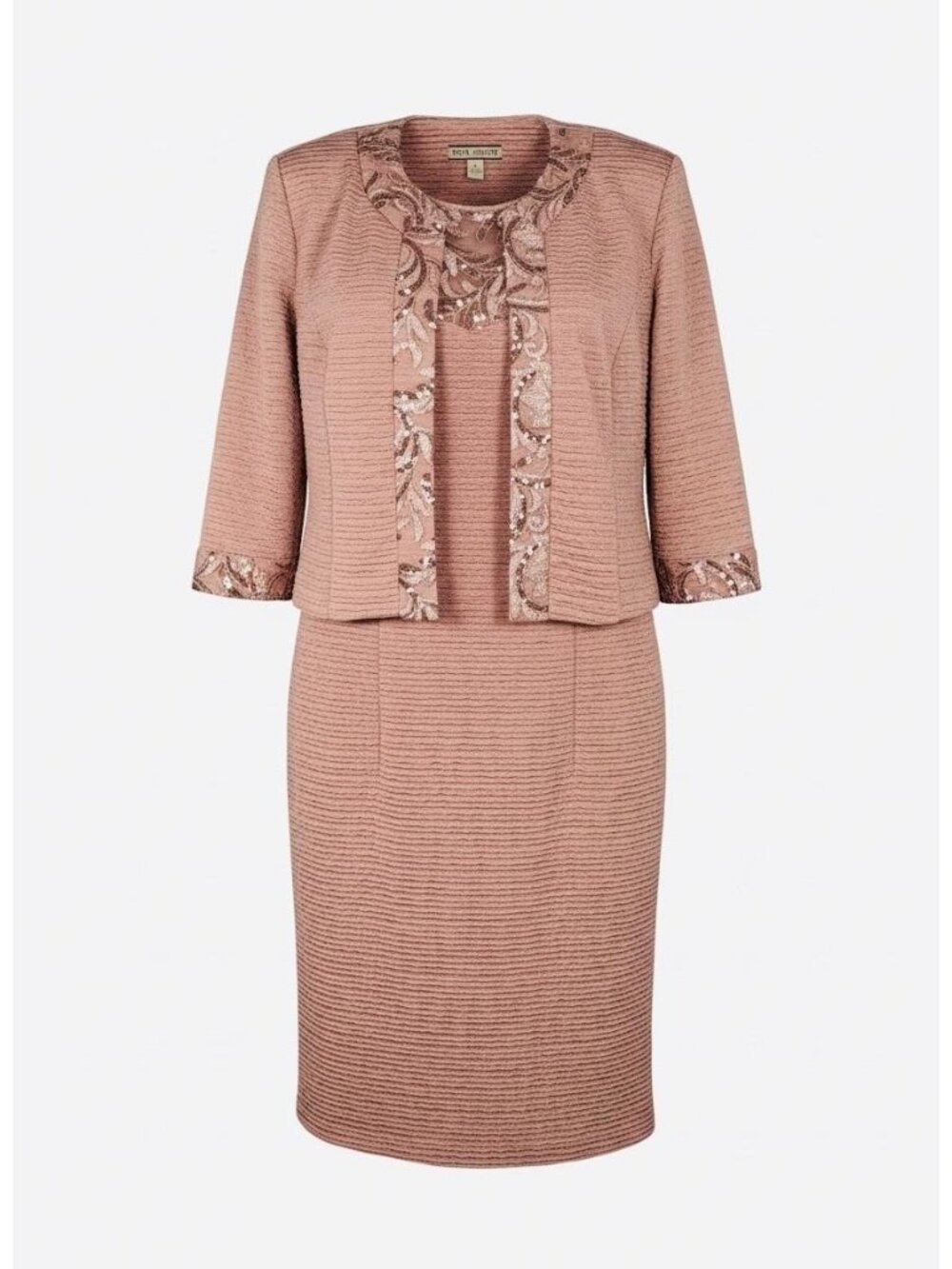 Maya Brooke Two Piece Dress Suit Size 14 Rose Gold Textured Sheath Sequins Lace - Picture 4 of 15